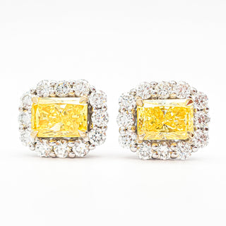 Radiant Cut 2.90 Carat Lab-Grown Diamonds Fancy Vivid Yellow Earrings | IGI Certified | 3.06 Gram 14K White and Yellow Gold | End Date: 08/03/2026