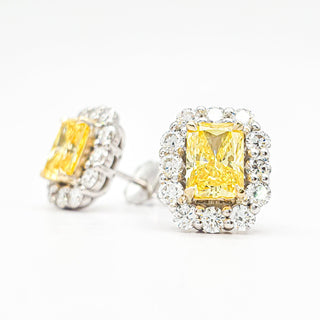 Radiant Cut 2.90 Carat Lab-Grown Diamonds Fancy Vivid Yellow Earrings | IGI Certified | 3.06 Gram 14K White and Yellow Gold | End Date: 08/03/2026