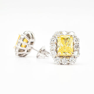 Radiant Cut 2.90 Carat Lab-Grown Diamonds Fancy Vivid Yellow Earrings | IGI Certified | 3.06 Gram 14K White and Yellow Gold | End Date: 08/03/2026