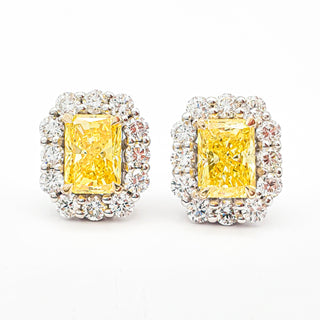 Radiant Cut 2.90 Carat Lab-Grown Diamonds Fancy Vivid Yellow Earrings | IGI Certified | 3.06 Gram 14K White and Yellow Gold | End Date: 08/03/2026