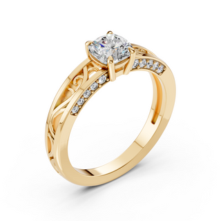Ophelia cushion-cut moissanite ring in yellow gold, three-quarter angle view