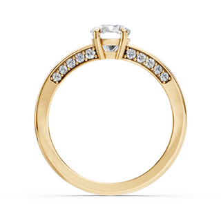 Ophelia cushion-cut moissanite engagement ring in yellow gold, full front view with pave diamond shoulders