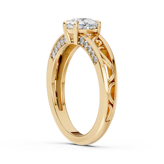 Ophelia moissanite engagement ring in yellow gold, side view showing the open scrollwork gallery detail