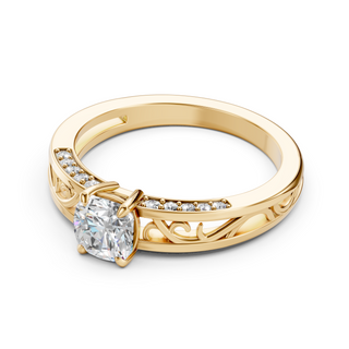 Ophelia cushion-cut moissanite engagement ring in yellow gold, top-down view of the band and setting
