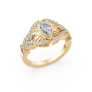 Corinne ring in yellow gold, angled view showing the marquise shoulder accents