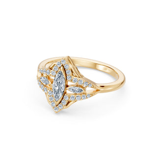 Estelle ring in yellow gold, profile view showing the pointed frame