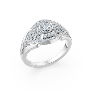 Isolde ring in white gold, angled view showing the domed pavé shield
