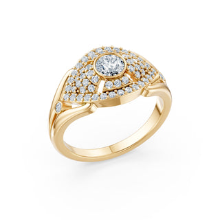 Isolde ring in yellow gold, angled view showing the domed pavé shield