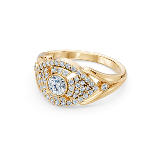 Isolde ring in yellow gold, profile view showing the pierced arches beneath the dome