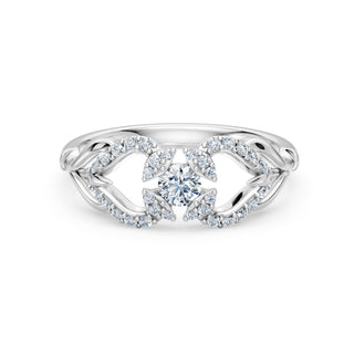 Laurel ring in white gold, close-up of the centre stone and foliage detail