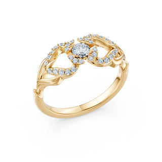 Laurel ring in yellow gold, angled view showing the pavé-outlined leaves
