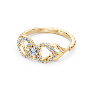 Laurel ring in yellow gold, profile view showing the vine running down the shoulders