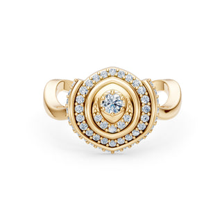 Ondine ring in yellow gold, close-up of the centre stone and pavé bands