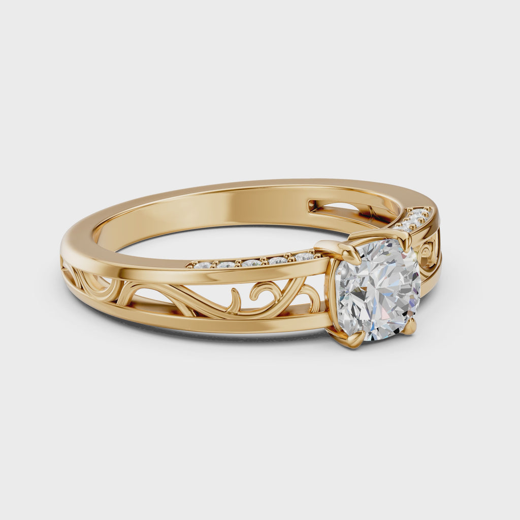 Ophelia cushion-cut lab-grown diamond engagement ring in 14K yellow gold, 360-degree video