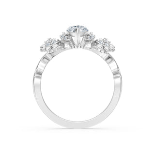 Primrose engagement ring in 14K white gold with a marquise lab-grown diamond among sculpted floral clusters