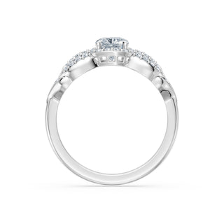 Seraphine engagement ring in 14K white gold with a cushion-cut lab-grown diamond in a scrolling pavé halo
