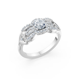 Seraphine ring in white gold, angled view showing the scrolling halo