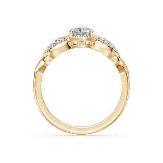 Seraphine engagement ring in 14K yellow gold with a cushion-cut lab-grown diamond in a scrolling pavé halo