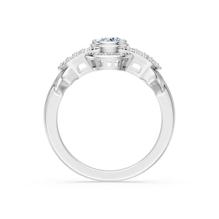 Vesper engagement ring in 14K white gold with a bezel-set lab-grown diamond between interlocking pavé links