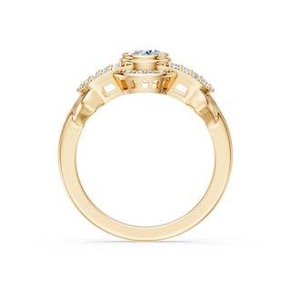 Vesper engagement ring in 14K yellow gold with a bezel-set lab-grown diamond between interlocking pavé links